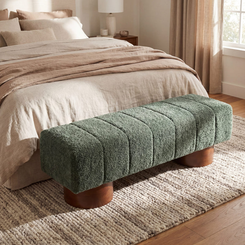 Green Boucle Upholstered Indoor Dining Bench, photo 2 of 10