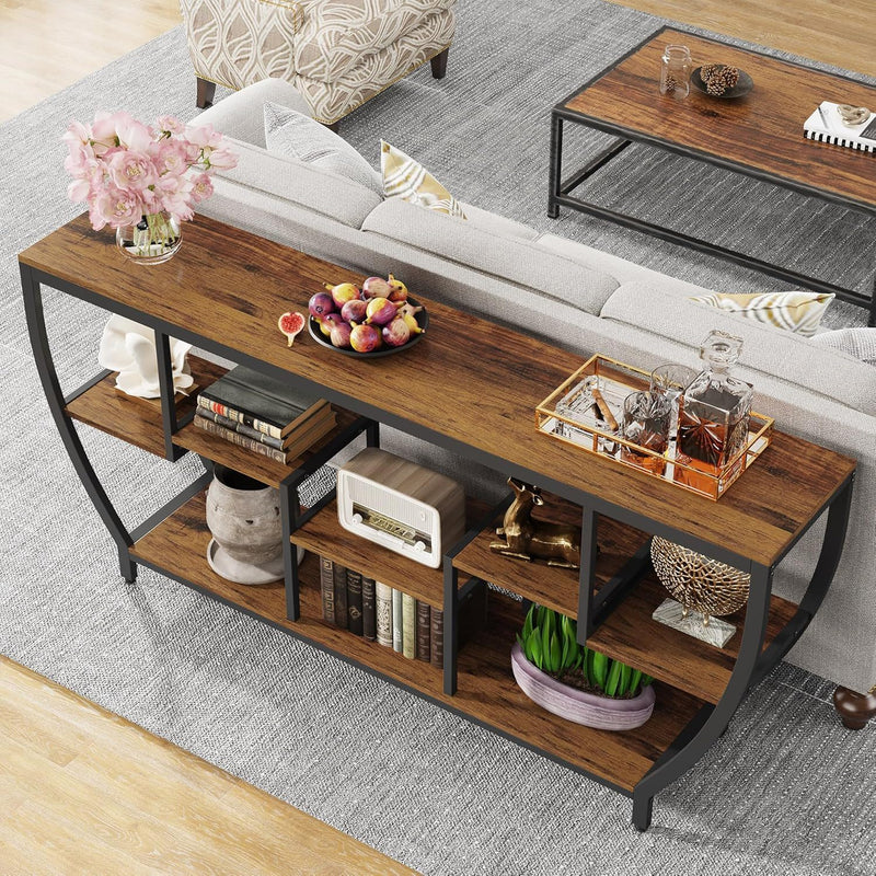 Extra Long Entryway Console Sofa Table With 7 Tier Shelves - Brown / Black, photo 9 of 10