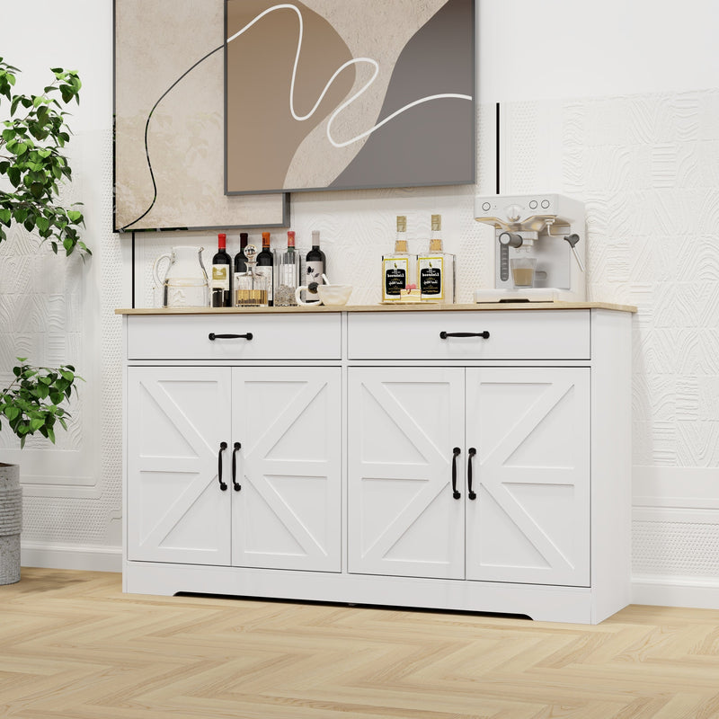 55.91" Large Farmhouse Buffet Cabinet Storage Sideboard with 2 Drawers and 4 Doors for Dining Living Room Kitchen Cupboard-White