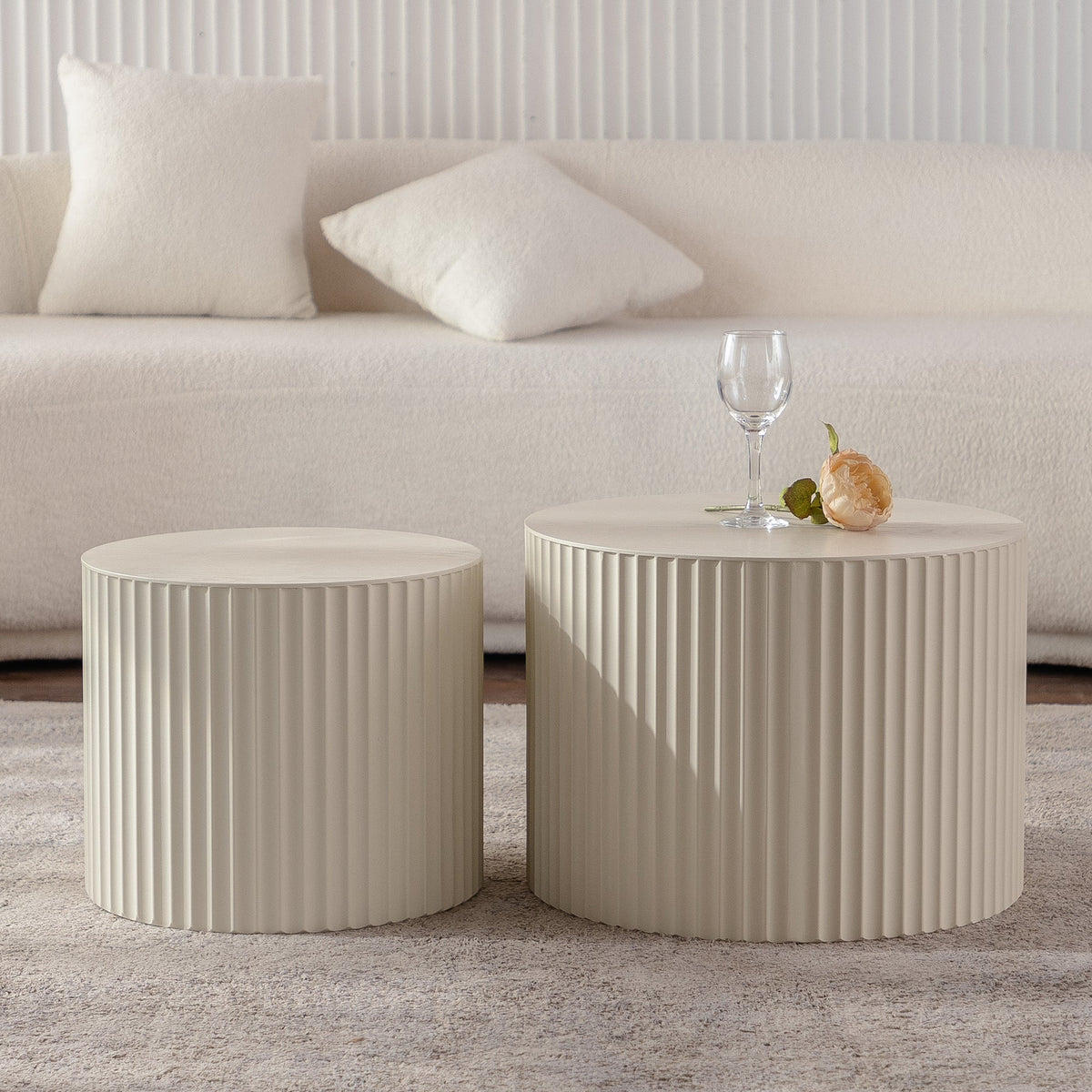 Beige Nesting Coffee Table Set of 2 Modern Drum Side Tables, photo 3 of 10