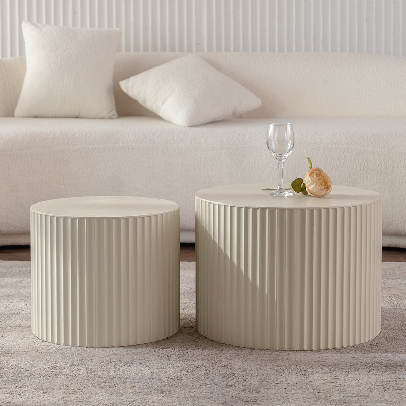 Beige Nesting Coffee Table Set of 2 Modern Drum Side Tables, photo 3 of 10
