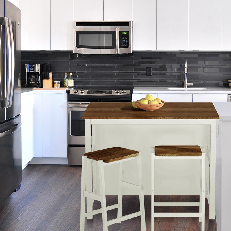 3 PCS Dining Table Set Rustic Retro Breakfast Table Dining Stools Rubber Wood for 2 with Two Open Shelves for Small Space Kitchen Dining Room Cream White