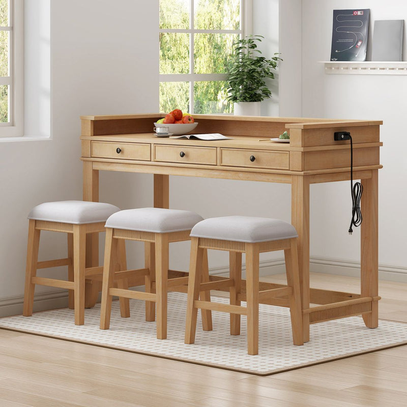 TREXM 4-Piece Dining Table Set for 3, Retro Kitchen Table and Chairs Set with 3 Storage Drawers, Ideal for Small Spaces (Natural)