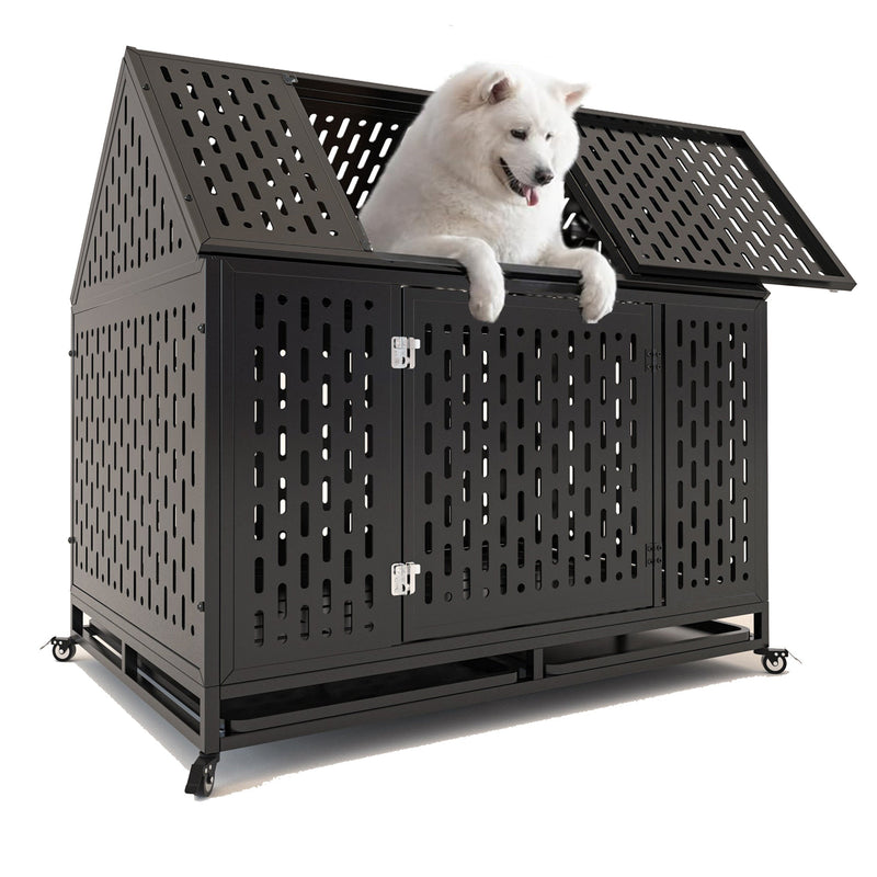 45' Heavy Duty Dog Crate Indestructible Pet Dog Cage Crate Kennel with Roof Top 2 Doors Removable Trays, Lockable Wheels, Escape-Proof for High Anxiety Large/Extra Dogs