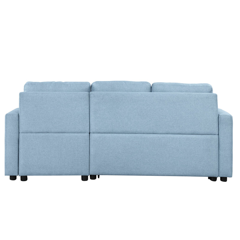 80.3" Pull Out Sofa Bed Modern Padded Upholstered Sofa Bed, Linen Fabric 3 Seater Couch with Storage Chaise and Cup Holder, Small Couch for Small Spaces