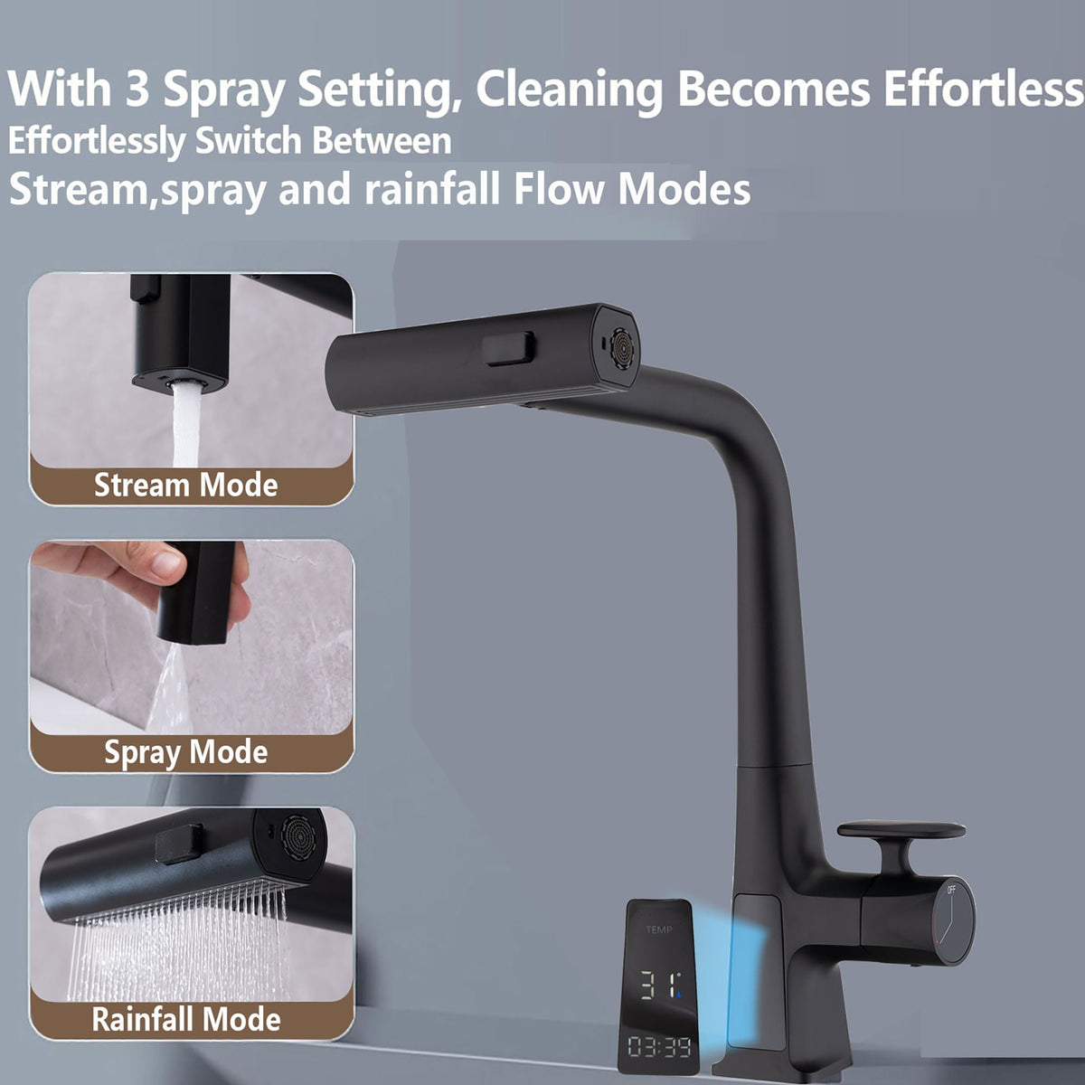 Waterfall Kitchen Faucet With Temperature Display And Pull Down Sprayer, photo 15 of 16