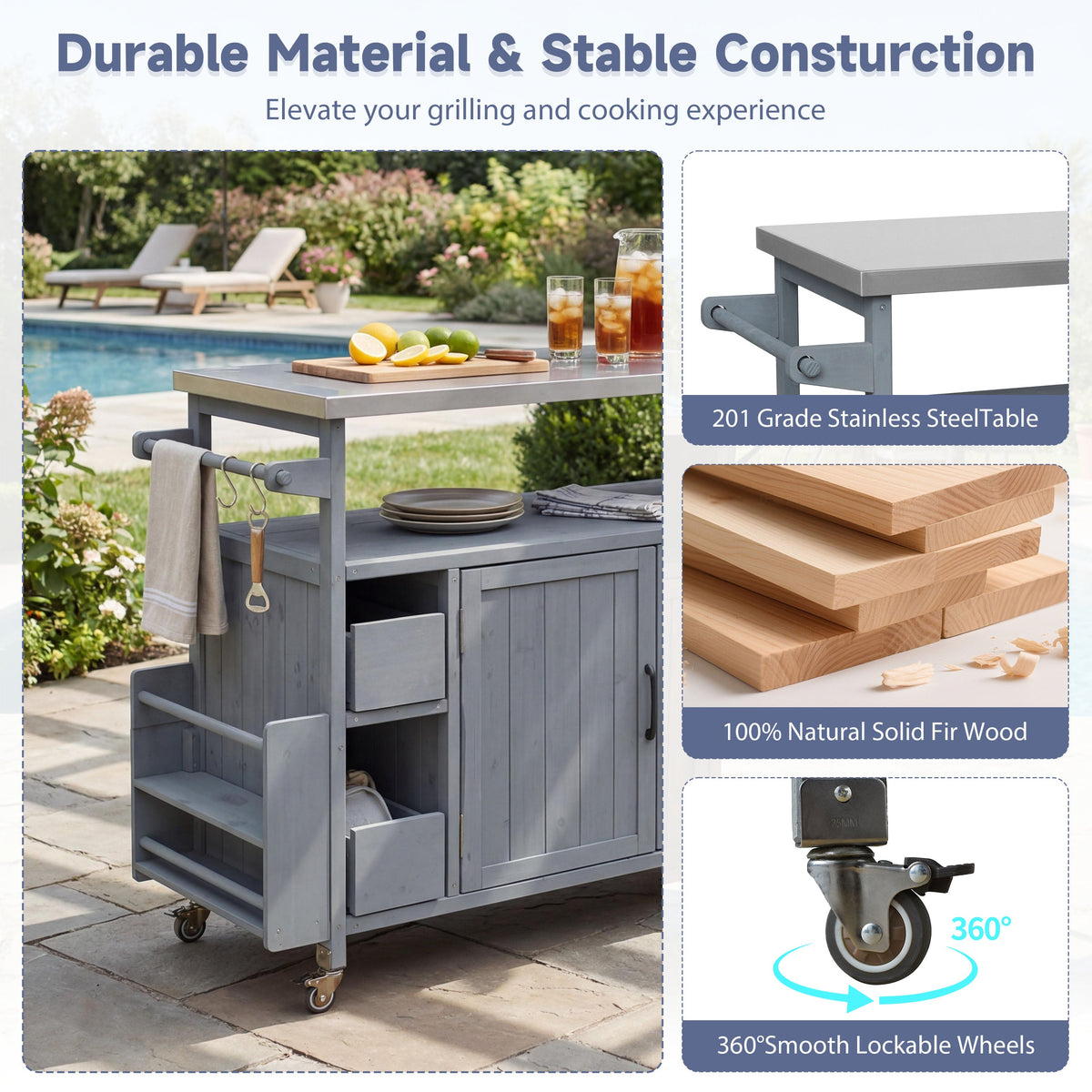54.33" Farmhouse Rolling Outdoor Kitchen Cart, photo 5 of 10
