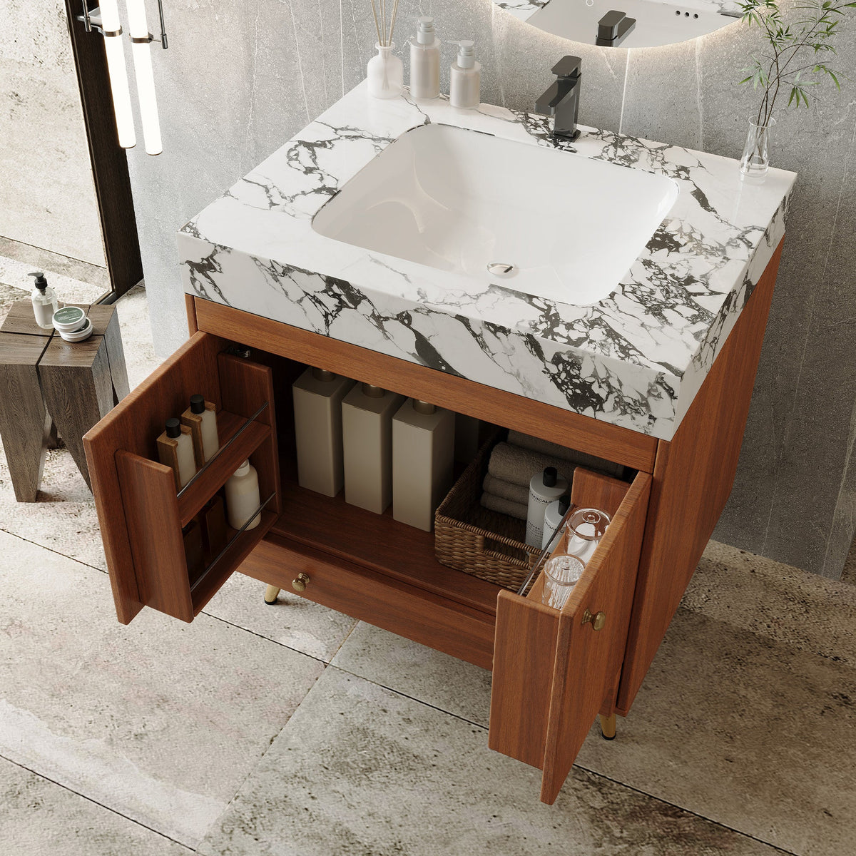 Mid-Century Free-Standing Bathroom Vanity with Faux Marble Top, photo 7 of 10