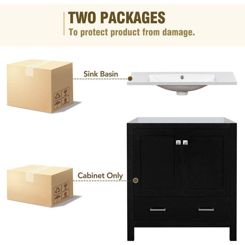 30' Black Bathroom Vanity with Single Sink, Combo Cabinet Undermount Sink, Bathroom Storage Cabinet with 2 Doors and a Drawer, Soft Closing, Multifunctional Storage, Solid Wood Frame