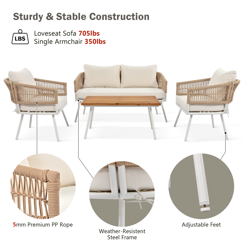 4-Piece Boho Rope Patio Furniture Set, Outdoor Furniture with Acacia Wood Table, Patio Conversation Set with Deep Seating & Thick Cushion for Backyard Porch Balcony, Beige