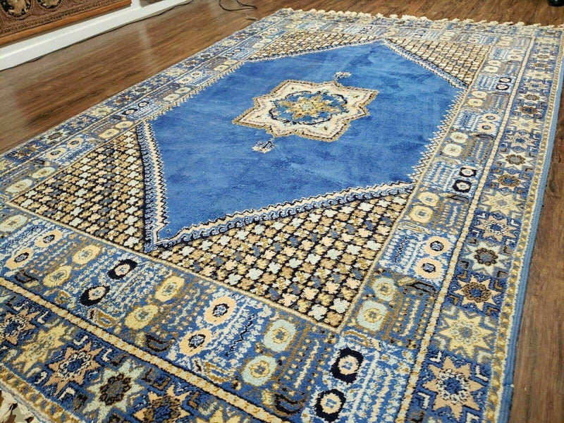 7' X 10' 5" Handmade Moroccan Urban Rabat Wool Carpet Blue Area Rug