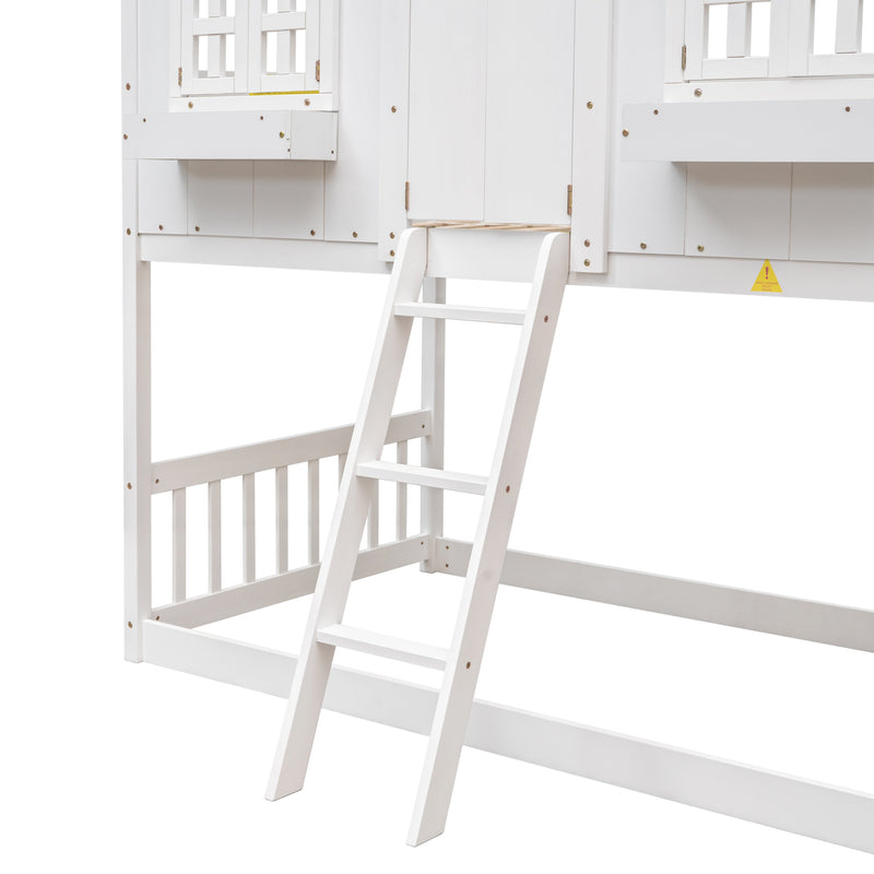 Twin over Twin House Bunk Bed with Roof, Window, Window Box, Door, with Safety Guardrails and Ladder, White