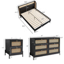 4 Pieces Modern Cannage Rattan Platform Queen Bed + Nightstandx2+ Dresser, Black
