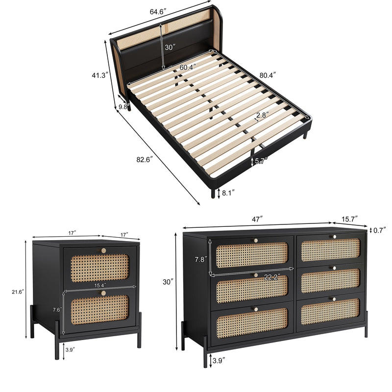 4 Pieces Modern Cannage Rattan Platform Queen Bed + Nightstandx2+ Dresser, Black