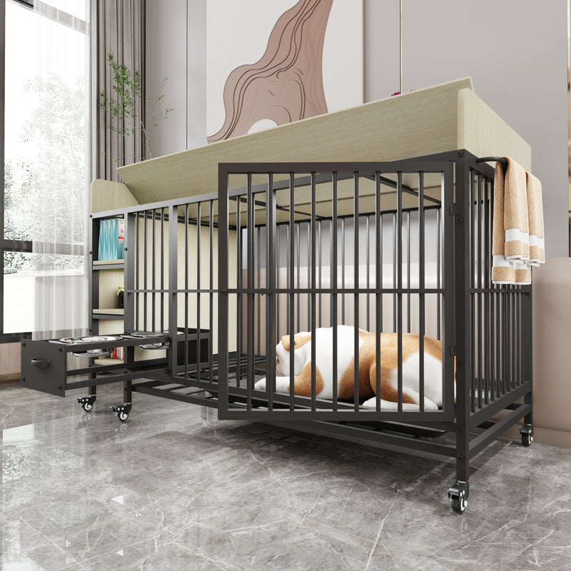 Large pet cage with storage rack, drawers with stainless steel food and water basin, made of iron frame and MDF material, sturdy, exquisite, and practical (black+beige)