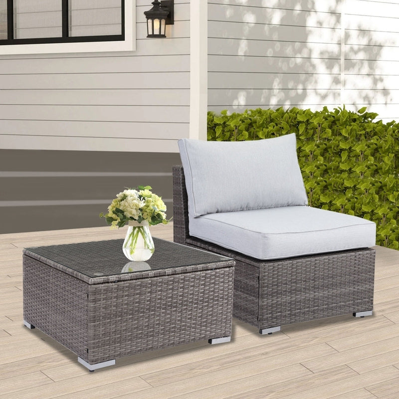 2 Piece Light Grey Sofa Small Armless Single Rattan Sofa Couch Set With Small Couch Table