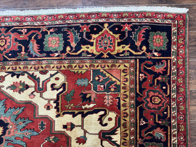 Persian Heriz Serapi Rug 8 x 10.6, Geometric Medallion, Great Colors, Rare, Red Navy Blue Ivory