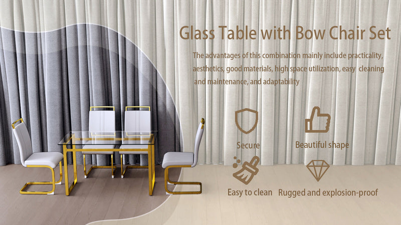 51 inch Glass Dining Table Set for 4, Dining Table & Chair Sets with Golden Plating Legs for Kitchen, Modern Rectangle Tempered Glass Table Top and PU Dining armless Chair for Dining Room