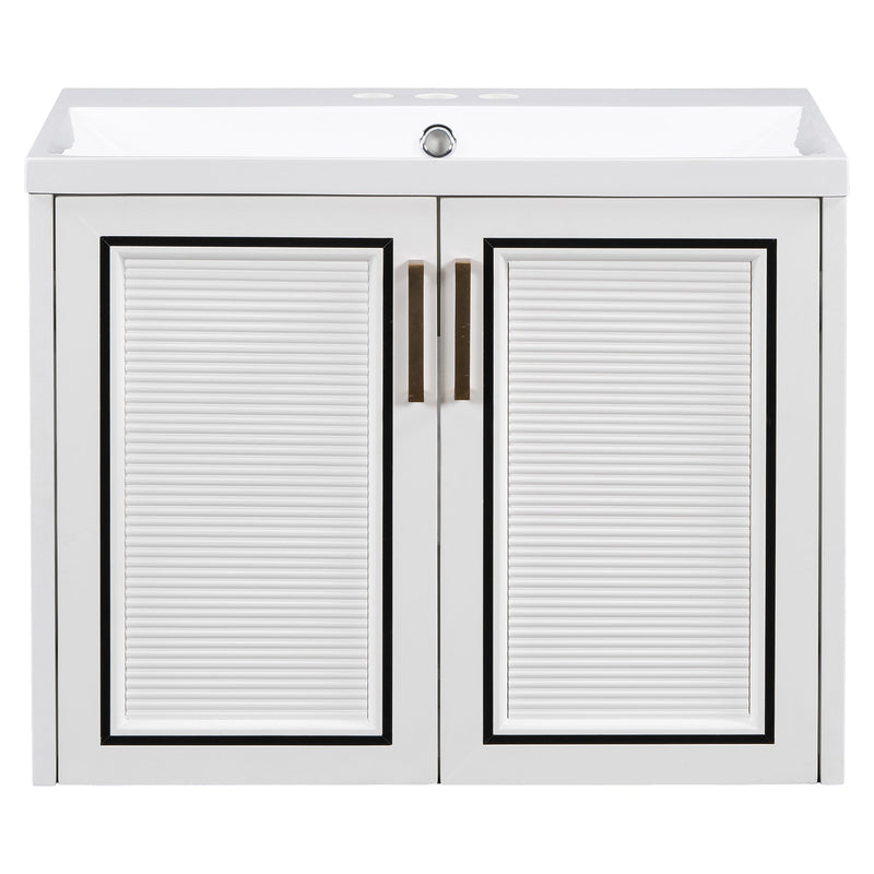 24" Wall Mounted Bathroom Vanity with Ceramic Basin, Two Shutter Doors, Solid Wood & MDF Board, White (One Package)