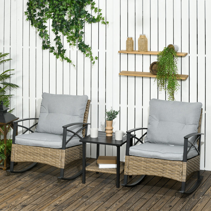 3 Piece Patio Rocking Chair Set, Outdoor Wicker Bistro Set with 2 Cushioned Porch Rockers and 2 Tier Coffee Table for Garden, Porch, Backyard, Light Gray