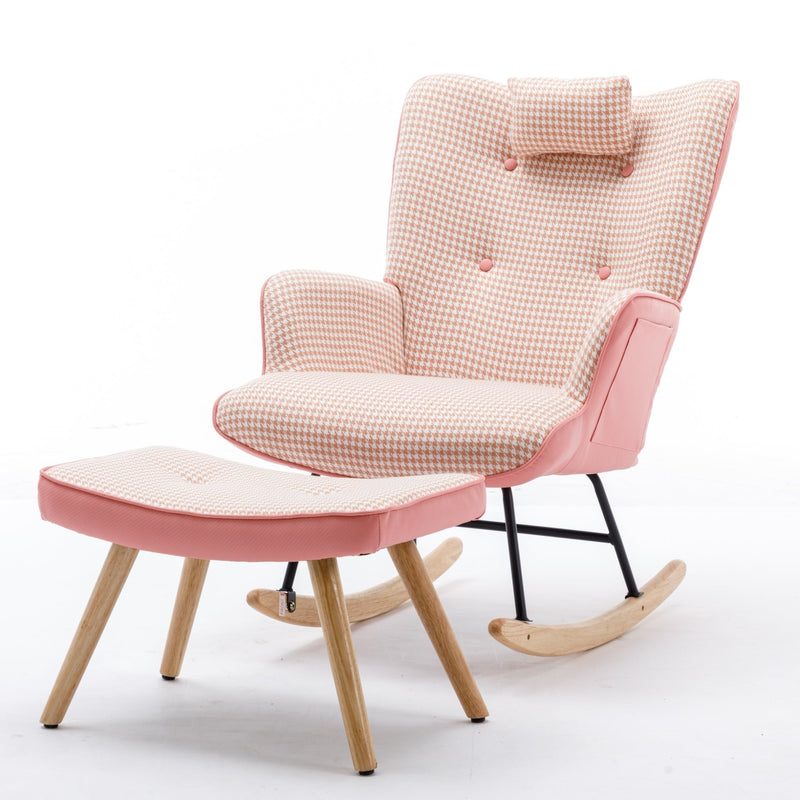 35.5 inch Rocking Chair, Soft Houndstooth Fabric Leather Fabric Rocking Chair for Nursery, Comfy Wingback Glider Rocker with Safe Solid Wood Base for Living Room Bedroom Balcony (pink)