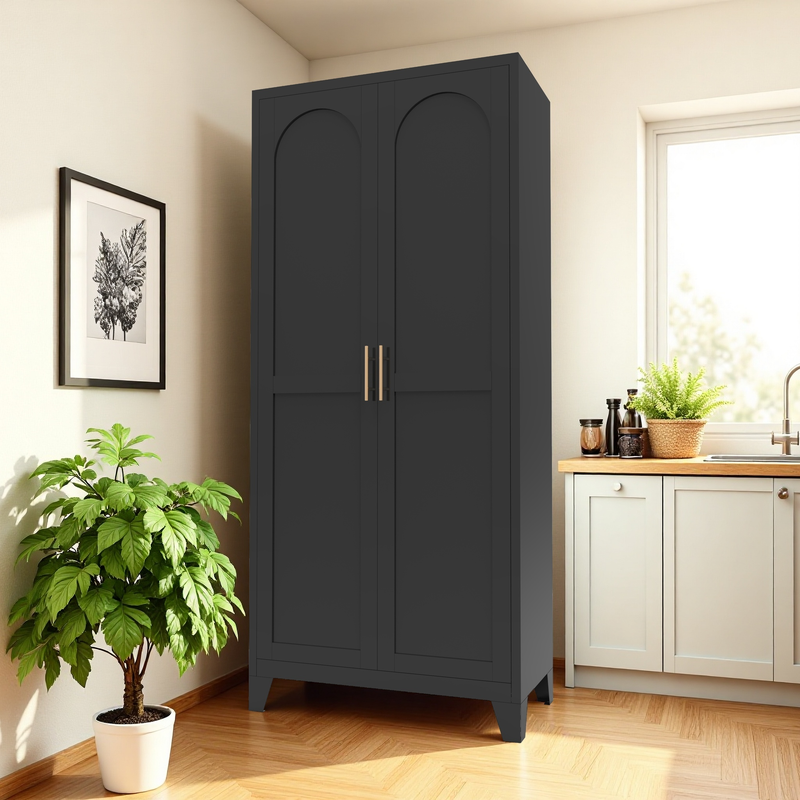 71'' 2 Shapely Doors Cabinet, Metal Storage Cabinet with Doors and Adjustable Shelves, for Bedroom, Living Room, Kitchen (Black)