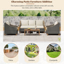 4-Piece Rattan Outdoor Conversation Sofa Set with Wooden Coffee Table and Cushions Seating 5 People for Patio, Garden and Backyard (Grey)