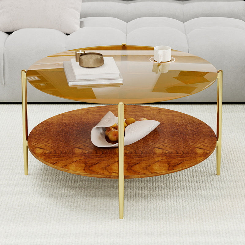 Luxurious Round Coffee Table with Gold-Tinted Tempered Glass Top