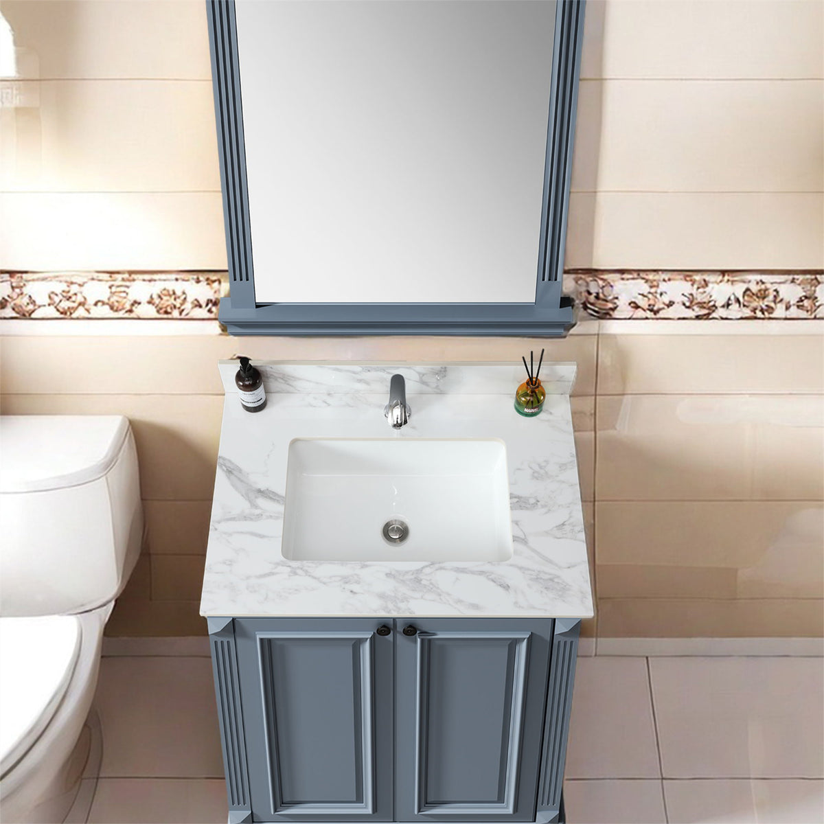 Elegant Bathroom Vanity Top With Rectangular Ceramic Sink And Backsplash, photo 18 of 19