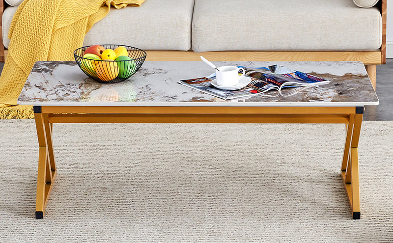 A modern minimalist style marble patterned coffee table with golden metal legs. Computer desk. Game table. Tea table. CT-XX