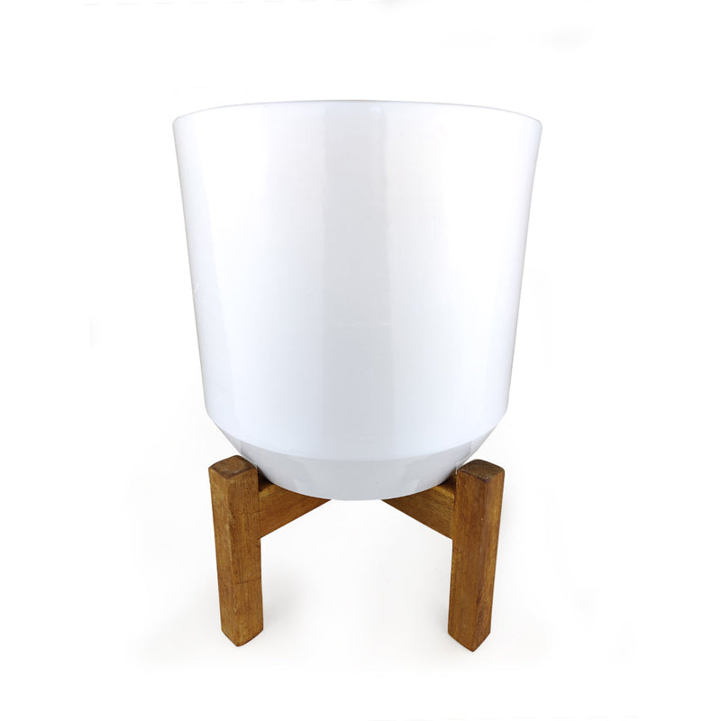 9.8 inch White Ceramic Pot with Wooden Stand