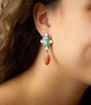 Champs Blue Turquoise and Orange Coral Post Drop Golden Earrings