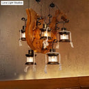 GobekUsa 6-Light Dining Room Island Chandelier with Kerosene Clear Glass Shade - Factory Wood Hanging Light