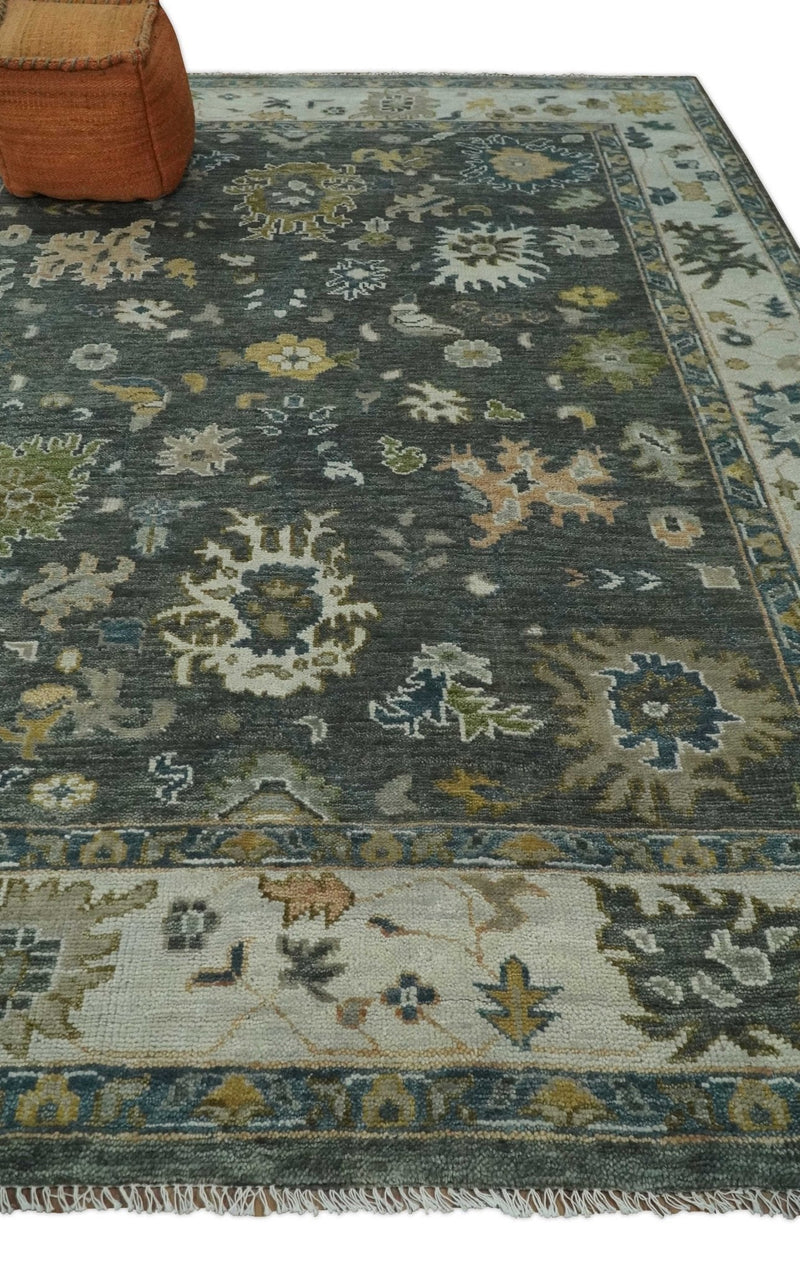 Charcoal and Ivory Hand Knotted Traditional Oushak Custom Made Wool Area Rug