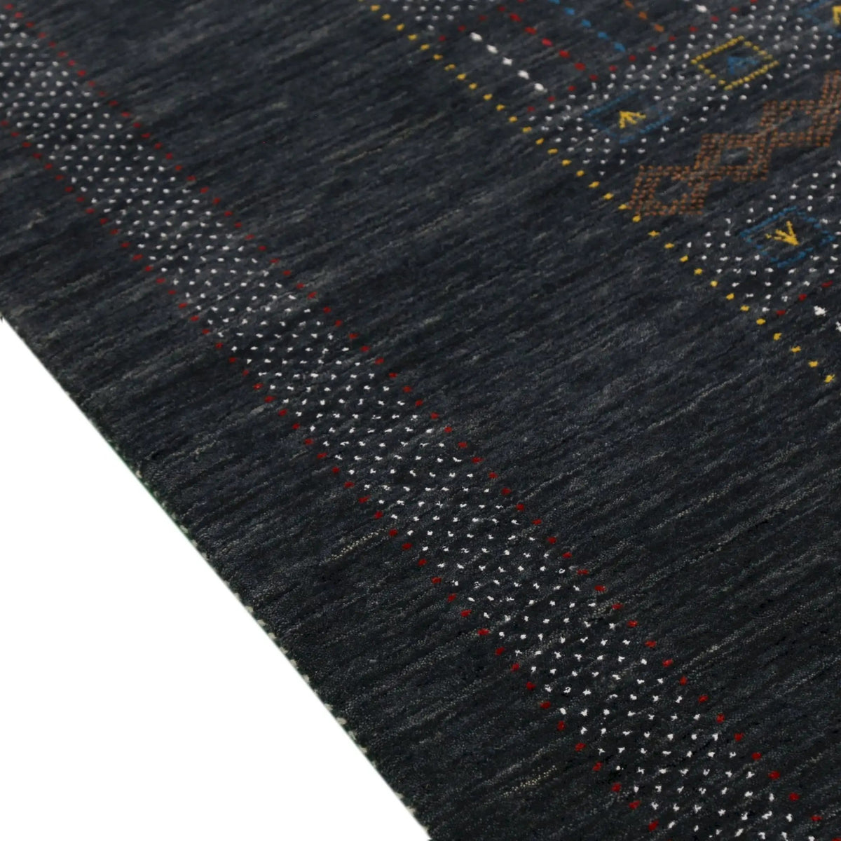Hand Loomed Wool Area Rug - Charcoal Center Traditional Pattern Red Yellow Accents, photo 9 of 13