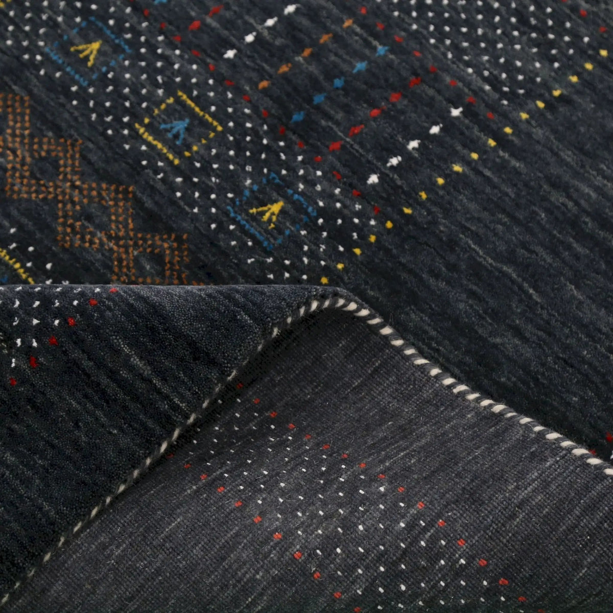 Hand Loomed Wool Area Rug - Charcoal Center Traditional Pattern Red Yellow Accents, photo 6 of 13