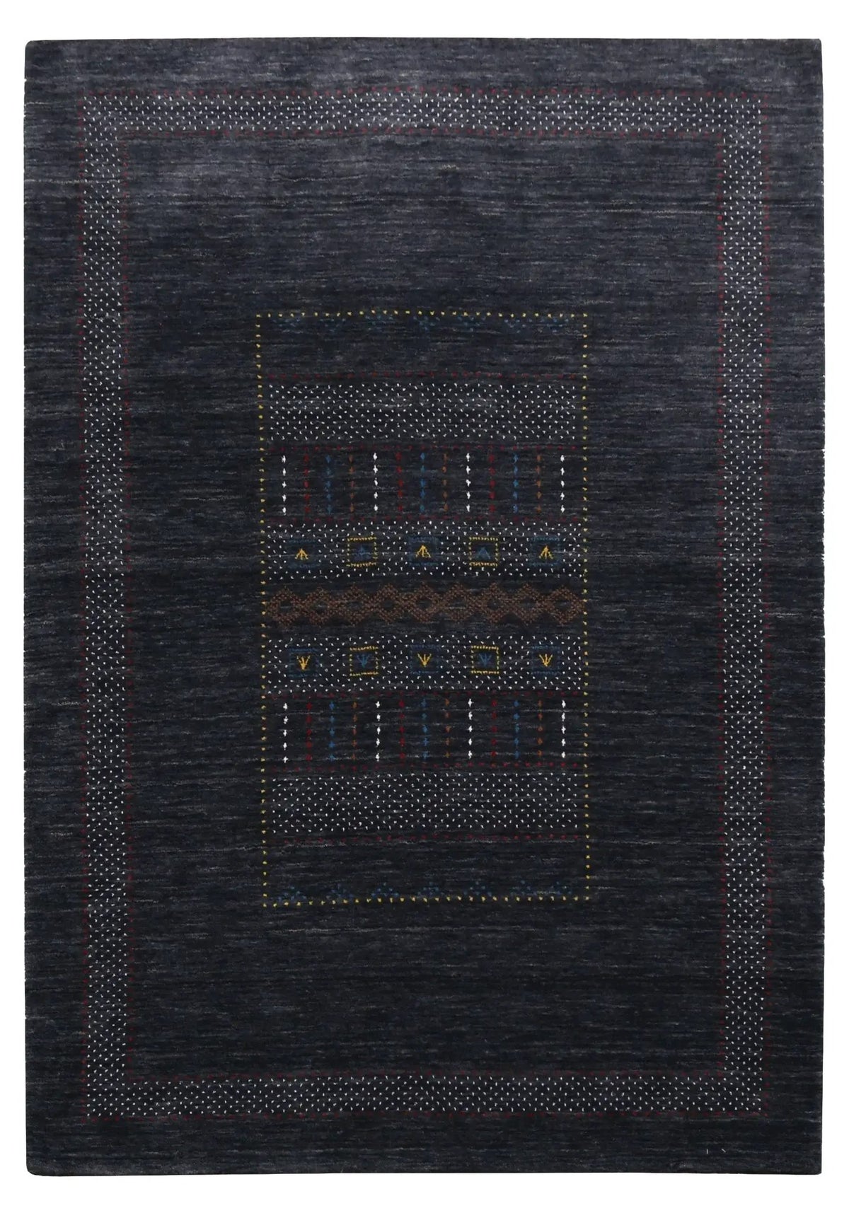 Hand Loomed Wool Area Rug - Charcoal Center Traditional Pattern Red Yellow Accents