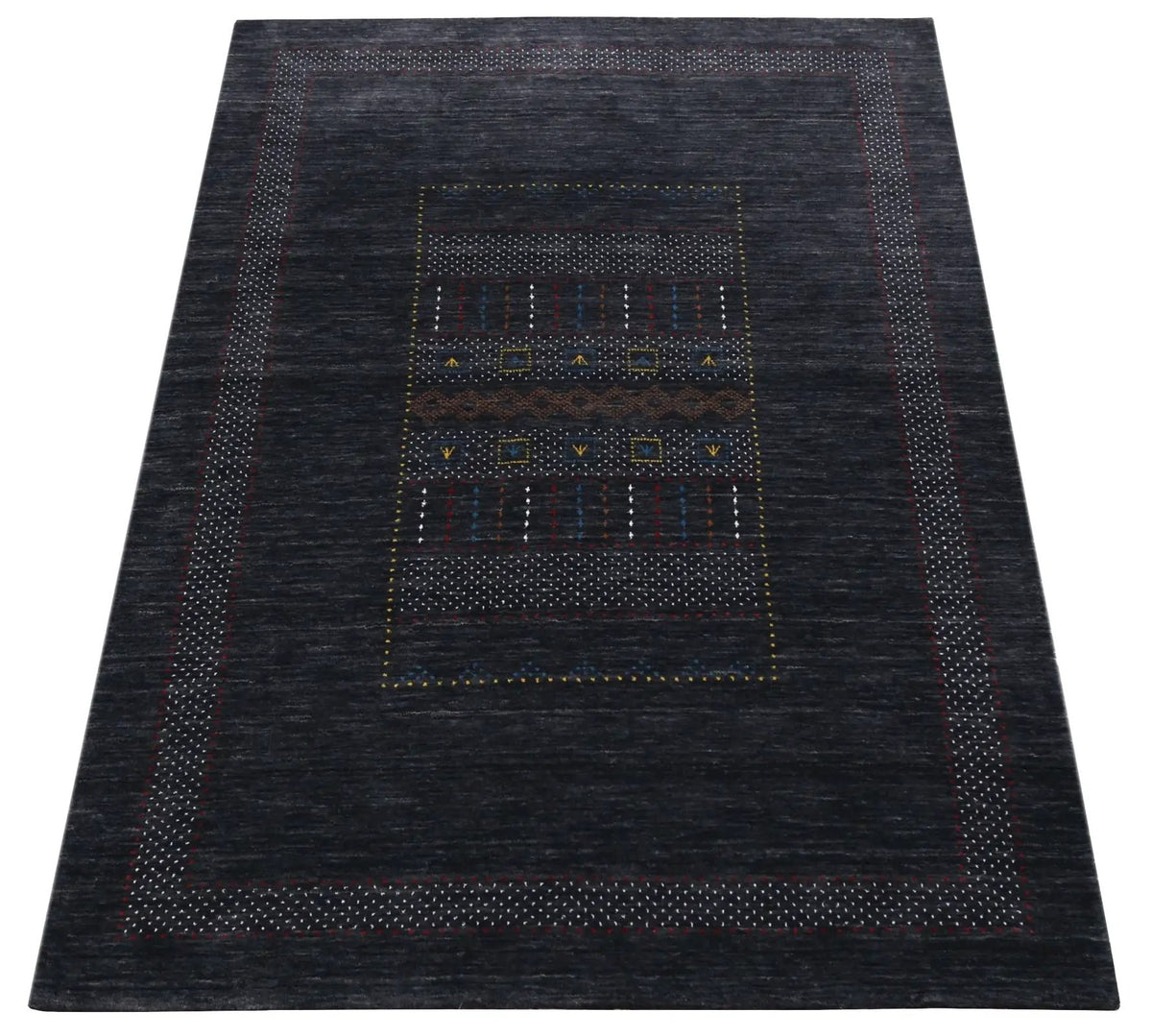 Hand Loomed Wool Area Rug - Charcoal Center Traditional Pattern Red Yellow Accents, photo 3 of 13