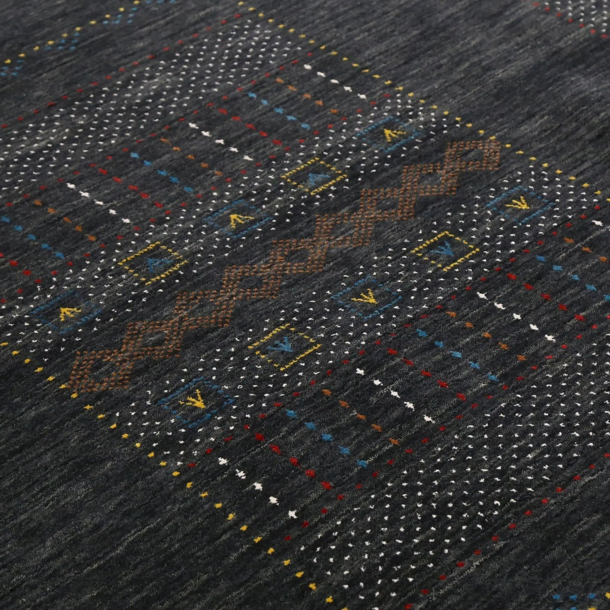 Hand Loomed Wool Area Rug - Charcoal Center Traditional Pattern Red Yellow Accents, photo 7 of 13