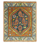 Charcoal Rust Beige Traditional Heriz Hand-Knotted Wool Area Rug