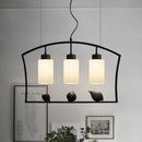 GobekUsa Chinese Style Cylinder Island Light Fixture - 3-Bulb White Glass Ceiling Lamp with Bird Decor in Black