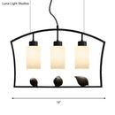 GobekUsa Chinese Style Cylinder Island Light Fixture - 3-Bulb White Glass Ceiling Lamp with Bird Decor in Black