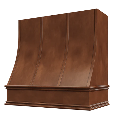 Chocolate Wood Range Hood With Sloped Strapped Front and Decorative Trim - 30", 36", 42", 48", 54" and 60" Widths Available