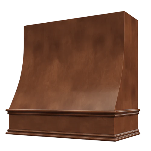 Chocolate Wood Range Hood With Sloped Front and Decorative Trim - 30", 36", 42", 48", 54" and 60" Widths Available