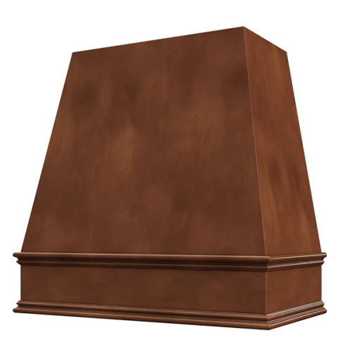 Chocolate Wood Range Hood With Tapered Front and Decorative Trim - 30", 36", 42", 48", 54" and 60" Widths Available