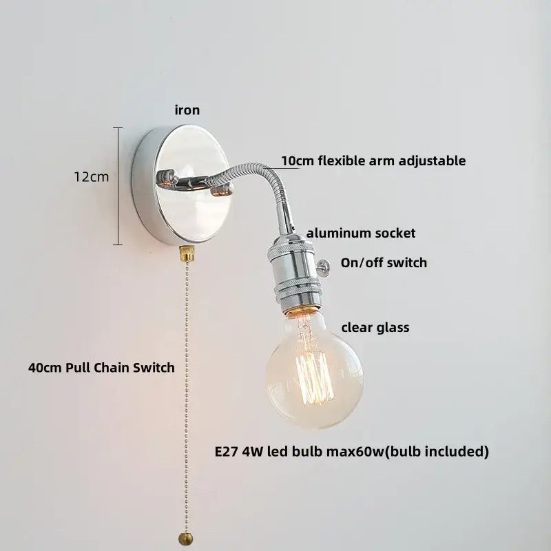 GobekUsa Adjustable Arm LED Wall Light Fixture with Pull Chain Switch, White Glass, photo 10 of 21