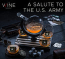 Army Globe Whiskey Decanter Set & 4 Liquor Glasses - Whisky Decanter & Glass Set with Wood Base and 9 Whiskey Stone - Father's Day US Army Licensed Gifts for Men - Bourbon Scotch Military Veteran Gift