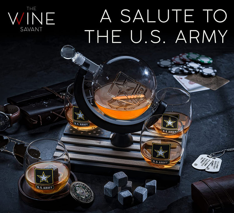 Army Globe Whiskey Decanter Set & 4 Liquor Glasses - Whisky Decanter & Glass Set with Wood Base and 9 Whiskey Stone - Father's Day US Army Licensed Gifts for Men - Bourbon Scotch Military Veteran Gift