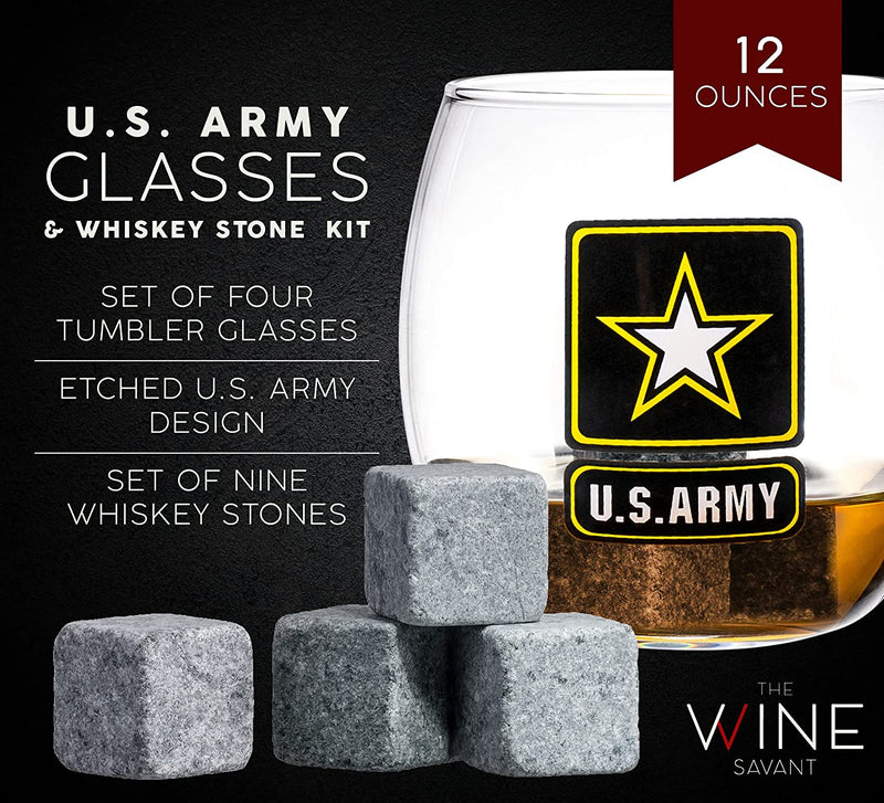 Army Globe Whiskey Decanter Set & 4 Liquor Glasses - Whisky Decanter & Glass Set with Wood Base and 9 Whiskey Stone - Father's Day US Army Licensed Gifts for Men - Bourbon Scotch Military Veteran Gift