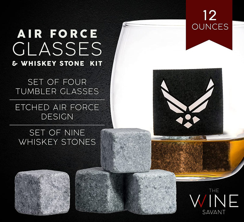 Airforce Whiskey Decanter Set with 4 Liquor Glasses Air Force Whisky Decanter & Glass Set with Wood Base & 9 Whiskey Stones - US Airforce Gifts for Men - Globe Bourbon & Scotch Gifts for Dad